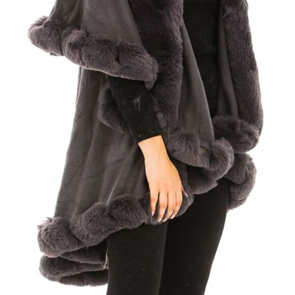 Luxury Gray Faux Fur Collared Cape Coat One Size - Picture 8 of 10